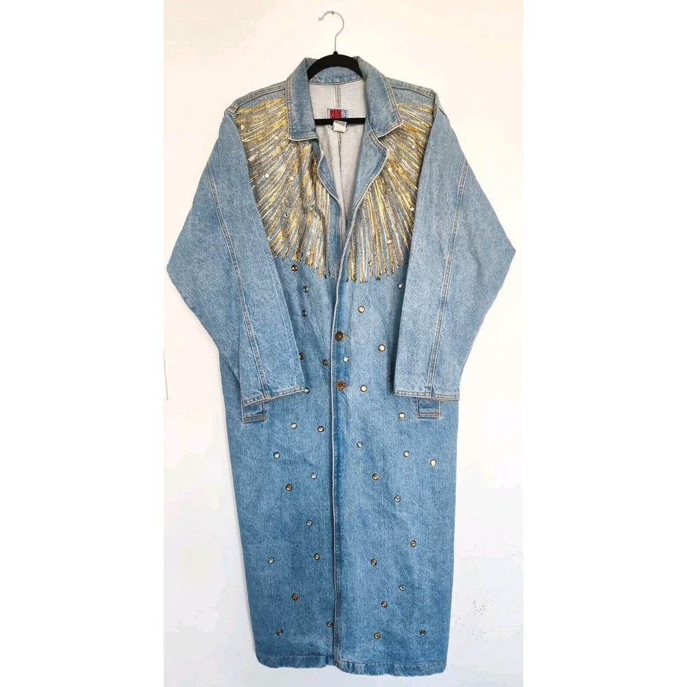 Sun Belt Blue Denim Jean Long Coat Duster Jacket Trench Maxi Dress Metallic Gold